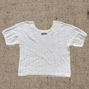 Vtg 80s 90s cotton white cable knit short sleeve sweater, preppy academia twee